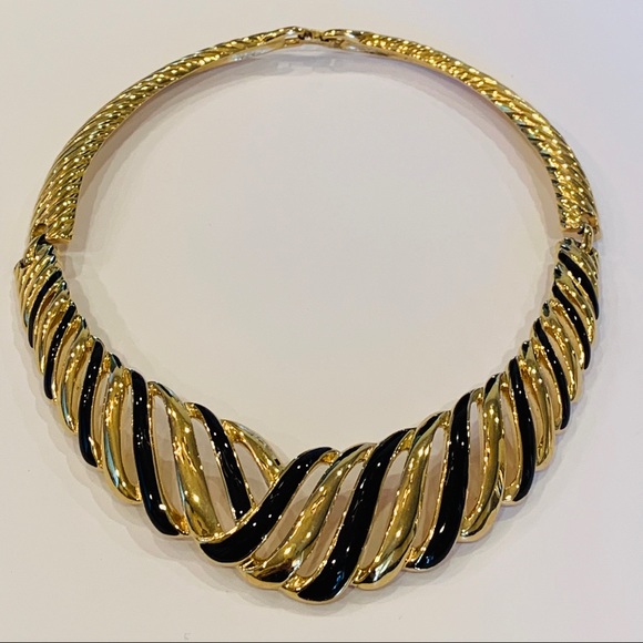 Trifari tribal black gold collar choker vintage